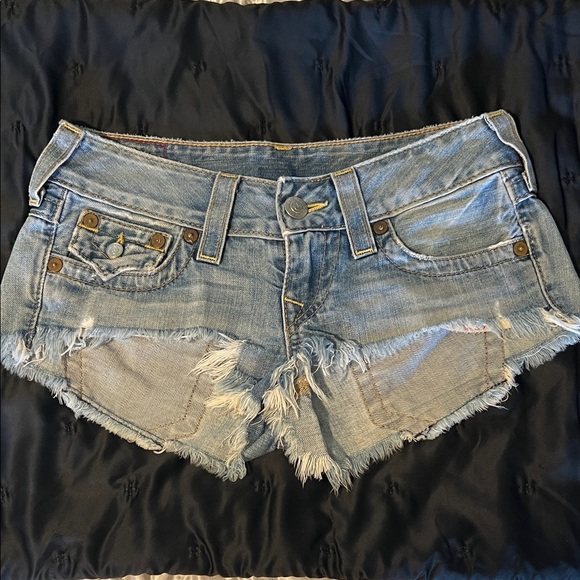 True Religion Blue Frayed Jean Shorts - Picture 1 of 3